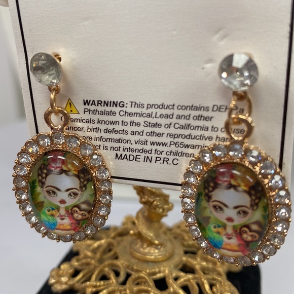 Frida Khalo drop style dangling earrings with rhinestones - Picture 2 of 5